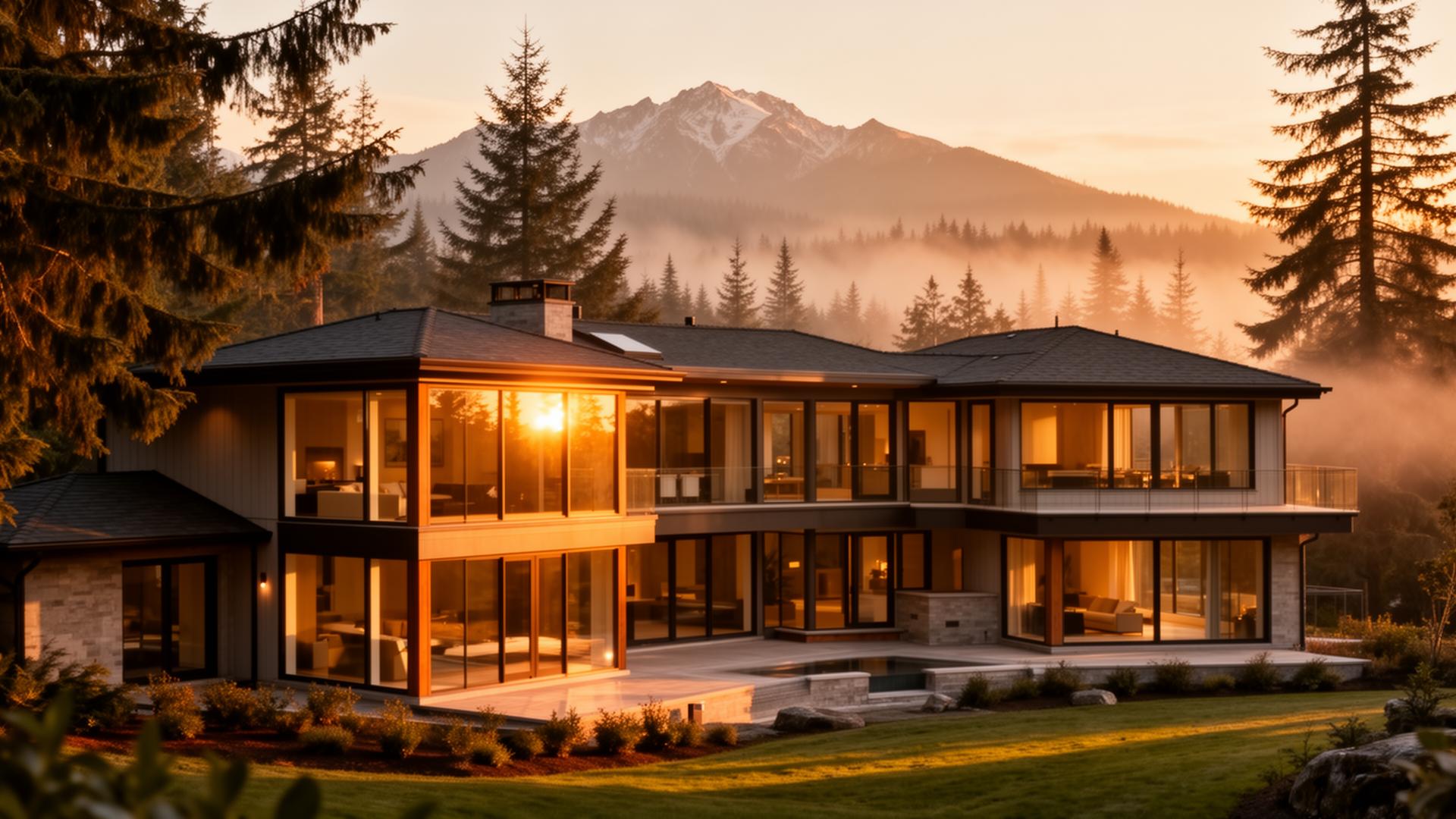 Luxury Pacific Northwest home at golden hour